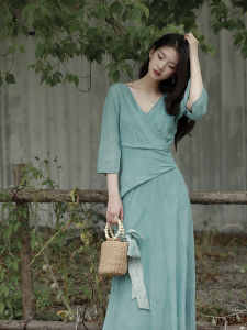 QingLan New Chinese Style Gentle Cotton V-neck 7/8 Sleeve Wrap Design Sensation Dress by Deer Gentleman Soft Cotton Dress