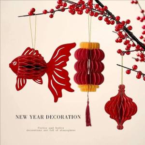 YESPERY Red Honeycomb Ball Lantern 3D Chinese New Year Decorative Pendant Goldfish Lantern Hanging Ornament Festive Decor