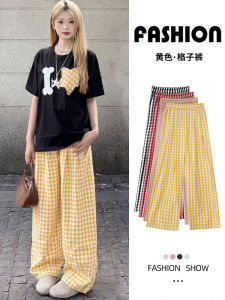 Quần Ống Đứng Kẻ Caro Màu Vàng Dopaamine Cho Nữ Mùa Hè Mỏng Rộng Rãi Cạp Cao Quần Ống Rộng Thường Ngày Cỡ Nhỏ