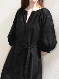 Miccbeirn | Elegant V-neck Silk Cotton Embroidered Dress Slimming Waist A-line Midi Skirt Comfortable Commute Simple Style Summer Dress