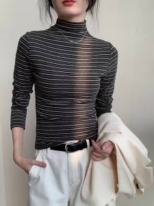 GEBEISHANG | Colorful Stripe Half-High Neck Long Sleeve Slimming T-Shirt