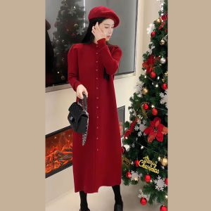 Red Knitted Long Dress Womens Autumn Winter New Style French Inner Wear Sweater Dress Zodiac New Year Sweet Japanese Style