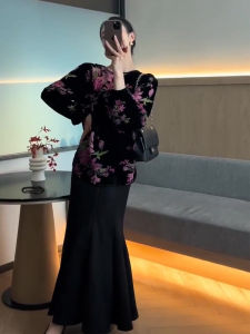 YUFUQING | Elegant Floral Print High Waist Slimming Womens Top Bottoms Set Autumn Fashion Polyester Fiber Long Sleeve Midi Skirt