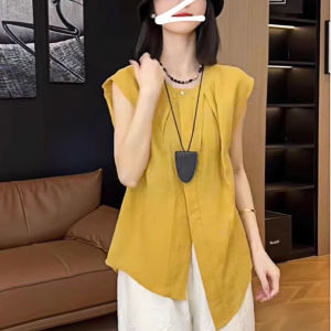 Áo Sơ Mi Nữ Tay Ngắn Không Đều Thanh Lịch Kiểu Pháp Hở Vai Hở Vai Áo Vest Cổ Tròn Không Tay Dài Thường Màu Trơn Mùa Hè