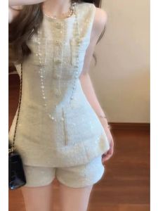 An Maiden Classic Style Graceful Fashionable Set Womens Summer Heavy Industry Sleeveless Waistcoat Vest High Waist Short Pants