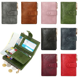 Retro Wallet Womens Short Three fold Large Capacity Double Zipper ID Credit Card Holder Minimalist Solid Color Lady Coin Purse