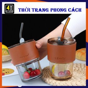 Cốc Thuỷ Tinh Bọc Vỏ Da Có Nắp Kèm Ống Hút 450ML Chịu Nhiệt - Ly Thủy Tinh Cốc Uống Trà Cà Phê Cốc Ăn Ngũ Cốc Sữa