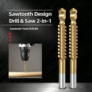 deli | 5pcs HSS Titanium Coated Round Shank Saw Drill Bit Serrated Cutting Twist Drill Household Electric Drill Hole Drilling Tools