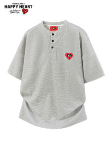 CHARLES JANGS HAPPY HEART | Waffle Texture Henley Neck Casual Loose T-Shirt