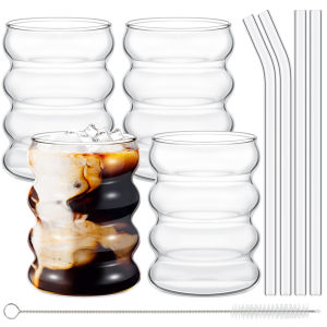 4pcs/Set Glass Cups Coffee Mug Creative Clear Drinking Glasses Ribbed Glassware Cups With Straws Set Cocktail Fruit Glass