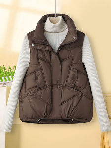 เสื้อกั๊กคอตั้งแฟชั่นผ้าฝ้ายสำหรับผู้หญิง 2025 ฤดูใบไม้ร่วง/ฤดูหนาว เสื้อกั๊กแขนสั้นแบบบาง น้ำหนักเบา ขนาดเล็ก เสื้อคลุมกันหนาว