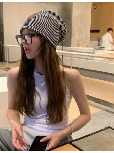 Japanese Style Artistic Striped Knitted Beanie Womens Face Slimming Lazy Style Summer Thin Knitted Head Cover Cold Cap