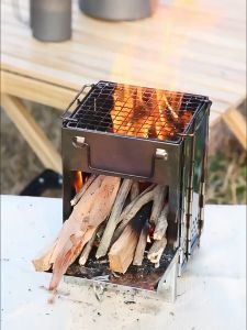 Outdoor Camping Multifunctional Mini Barbecue Grill Household Square Wood Stove Barbecue Stove Folding Portable Stove Camping Cooking Set Charcoal Stove Camping Equipment Tools