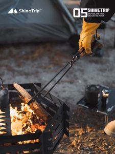 Outdoor Camping Charcoal Clamp Anti-Scalding Firewood Clamp Long Thick Metal BBQ Wood Charcoal Clamp with Wooden Handle