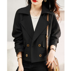 Spring Autumn New Style Short Womens Coat Elegant Fashionable European Goods Polo Collar Double Button Long Sleeve Slim Fit