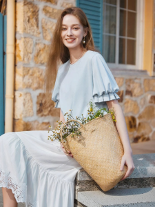 XIANGYING | Bubble Sleeve Round Neck Casual T-Shirt Light Blue