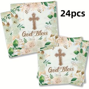 24Pcs/48Pcs Party Napkins Cross Napkins Green Leaves Flowers Golden Cross Baptism Blessing Letter Patterns Birthday Baptism Worship Blessing Party Napkins Thanksgiving Halloween New Year Wedding Baptism Anniversary Celebration Celebr...