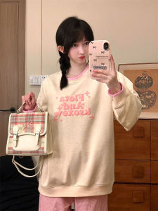 เสื้อสเวตเตอร์คอกลมแขนยาวหลวมๆ สีชมพู ลายตัวอักษรพ่นฟอง สำหรับผู้หญิง เสื้อสเวตเตอร์คอตตอนผสมโพลีเอสเตอร์ ทรงหลวม ฤดูใบไม้ผลิ 2024