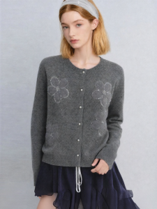 Woolen Loose Knitted Cardigan Slim Fit Gray Floral