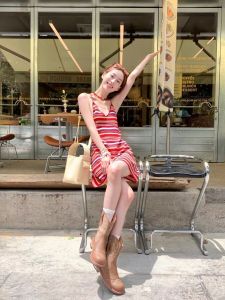 BUWAN STUDIO Red Striped Strapless Summer Slimming Dress for Women Sleeveless Short Skirt with Suspenders