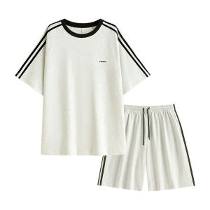 yuenei | Couples Cotton Pajamas Summer Lightweight Short Sleeve Shorts Home Wear Sporty Casual Can Be Worn Outside For Young Adults