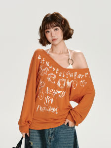 Giryhalo | Bộ 2 chiếc Áo thun rộng cổ trễ vai họa tiết phong cách Hot Girl Retro Mỹ