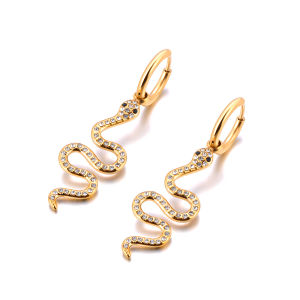 Lokaer Stylish 316L Stainless Steel Rhinestone Snake Hoop Earrings Statement Gold Color Texture Waterproof Jewelry Women E24106