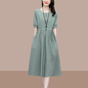 ELF TRIBE Cotton Linen Dress Women Elegant Tied Midi Short Sleeves A-line Dress Plus Size