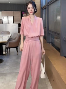 Fashionable V-neck Acetate Hanger Sense Slim Short Sleeve Wide Leg Pants Womens Set Summer New Style Elegant Atmosphere