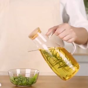 Coaster Bamboo Glass Oil Jar Pelapik Bekas Minyak Bottle Kitchen Canister High Borosilicate Storage Organizer