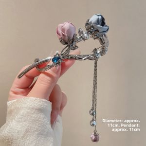 2024 New Ultra-Fairy Rose Tassel Hair Clip Vintage Diamond Twist Hairpin Womens Back of Head Updo Hair Clip Accessory