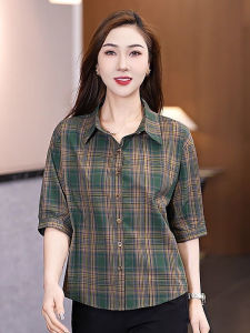 เสื้อเชิ้ตผู้หญิง ทรงหลวม แขนยาว ปกโปโล ลายสก็อต ทรงบาง แฟชั่นฤดูใบไม้ผลิและฤดูร้อน 2025 สำหรับผู้หญิง