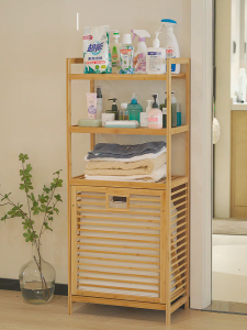 Simple Home Bamboo Laundry Hamper Two Sections Large Capacity Dirty Clothes Basket Flip Door Closed Storage Rack with Functional Shelf
