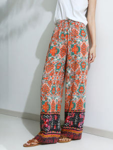 Miccbeirn | Silk Wood Pulp Fiber Ethnic Print Casual Wide Leg Pants Women Artistic Holiday Loose Straight Cut Trousers Comfortable Elastic Waist
