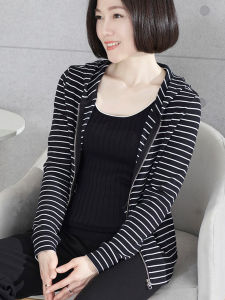 Green Striped Open Cardigan Hooded Women Loose Spring Autumn Thin Pure Cotton Long Sleeve Short Zipper Jacket Large Size Shirt