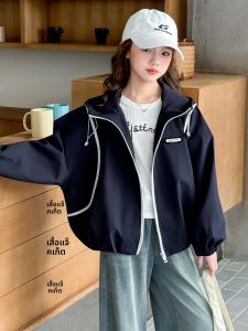 MPW | เสื้อแจ็คเก็ตมีฮู้ดลายทางสไตล์เกาหลีสำหรับเด็กผู้หญิง ฤดูใบไม้ผลิและฤดูใบไม้ร่วง เสื้อคลุมกันหนาวแบบมีซิป แขนยาว ปกติ