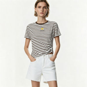 AMII | Leisure Round Neck Flower Print Contrast Stripe Elasticated Top T-Shirt