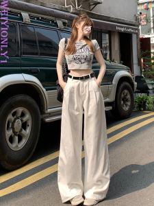 สไตล์อเมริกัน สูง เอว ขากว้าง กางเกงยีนส์ ผู้หญิง ฤดูร้อน ใหม่ หลวม Fit Straight Cut Drapey กางเกงลำลอง สูง เอว ผ้าฝ้าย Blend