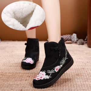 Giày Vải Thêu Lót Lông Cừu Mùa Đông Cho Phụ Nữ Giày Bốt Cotton Phong Cách Dân Tộc Mẹ Thêu Giày Đế Bằng Chống Trượt