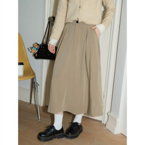 Chân Váy Xòe Pleated A-Line Cao Waisted Màu Khaki Vintage
