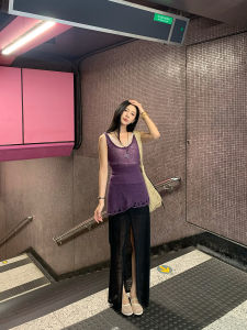 กระโปรงยาวผ่าหน้าสีดำถักสำหรับผู้หญิง ทรงเอวสูง สไตล์เกาหลี ยาวคลุมเข่า ทรงหลวม ผ้าผสมอื่นๆ