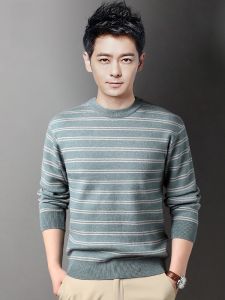 ROMON | เสื้อสเวตเตอร์ถักนิตติ้งคอตตอนหนาสำหรับผู้ชาย ทรงหลวม ลายทาง สไตล์ลำลอง ฤดูใบไม้ร่วง/ฤดูหนาว เสื้อผ้าทำงาน