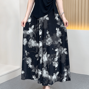 Summer Thin Print Half Skirt Loose Casual High Waist Midi Floral A-Line Skirt Conceals Belly Comfortable Elastic Waist