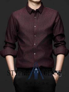 เสื้อเชิ้ตผู้ชาย Pierre Cardin สีแดง ทรงหลวม แขนยาว ทรงปกติ ฤดูใบไม้ร่วง/ฤดูหนาว ผ้าโพลีเอสเตอร์ แฟชั่นธุรกิจ ไม่ต้องรีด