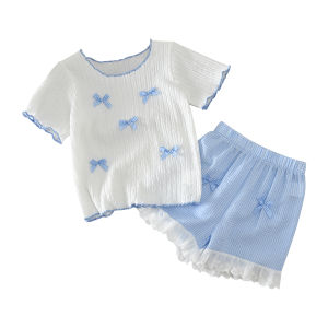 Bear Leader 3-7 Years Sweet and Lovely Kids Clothes Girls Summer New Blue Short Sleeved Bow Top + Shorts Casual Two-piece Set