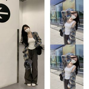 Retro Korean Style Womens Long Sleeve Shirt Jacket Loose Casual Plaid Slimming Summer Top UV Protection Comfortable Lazy Style