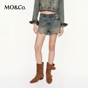 MO&Co. | Autumn and Spring Heavily Washed Bamboo Texture Cotton Low Waist Distressed Denim Shorts