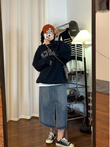 พลัสไซส์ สาวย้อนยุค เดนิม กระโปรงสูง เอว พรางหุ่น ความยาวปานกลาง ทรงเอ กระโปรง สไตล์เกาหลี ผ้าฝ้าย Blend กางเกงยีนส์ กระโปรง