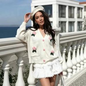 Autumn Winter Retro Solid Crochet Flower V-neck Knitted Cardigan Top Womens Long-sleeved Single-breasted Loose Pocket Sweater