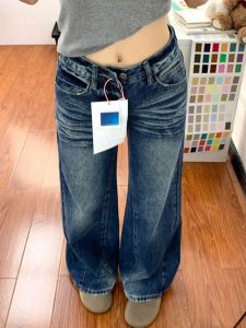 กางเกงยีนส์ทรงหลวมเอวสูงสไตล์อเมริกันสตรีทสำหรับผู้หญิง กางเกงขายาวทรงตรงทรงหลวมฤดูใบไม้ร่วง/ฤดูหนาว กางเกงขายาวทรงหลวม